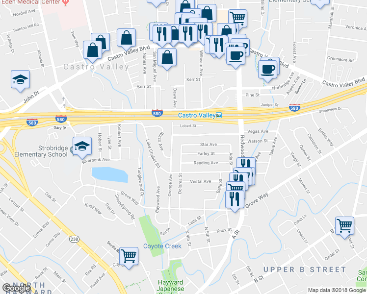 map of restaurants, bars, coffee shops, grocery stores, and more near 21512 Dolores Street in Castro Valley