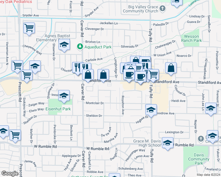 map of restaurants, bars, coffee shops, grocery stores, and more near 1525 Lenox Drive in Modesto