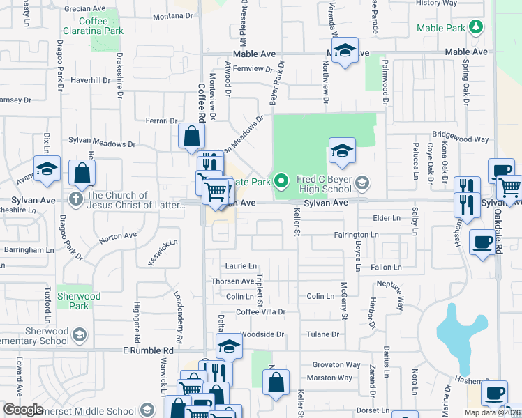 map of restaurants, bars, coffee shops, grocery stores, and more near in Modesto