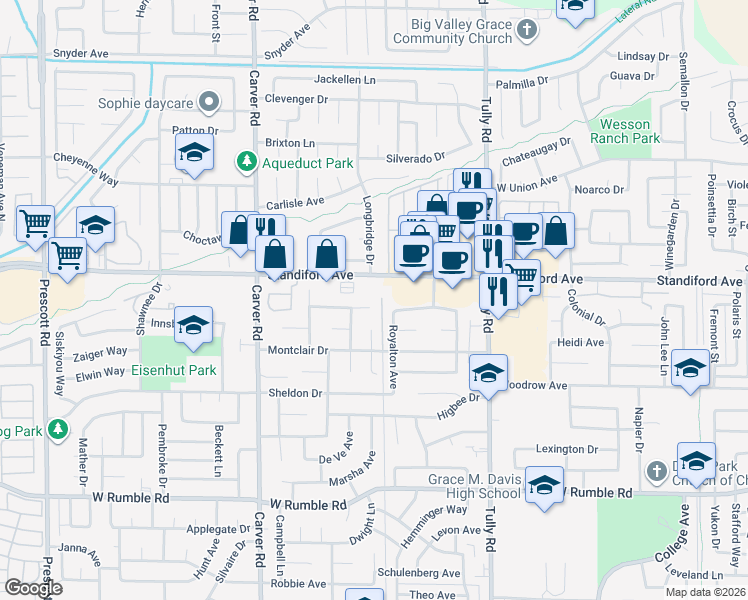 map of restaurants, bars, coffee shops, grocery stores, and more near 1448 Standiford Avenue in Modesto