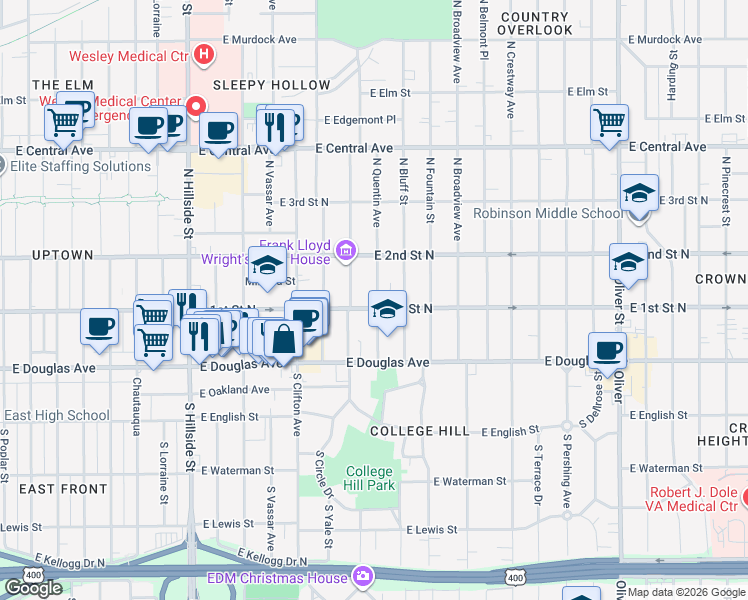 map of restaurants, bars, coffee shops, grocery stores, and more near 220 North Roosevelt Street in Wichita