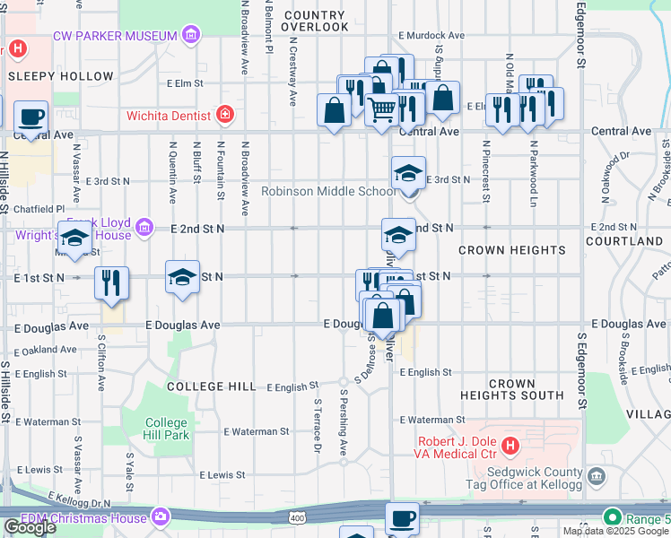 map of restaurants, bars, coffee shops, grocery stores, and more near 205 North Pershing Street in Wichita