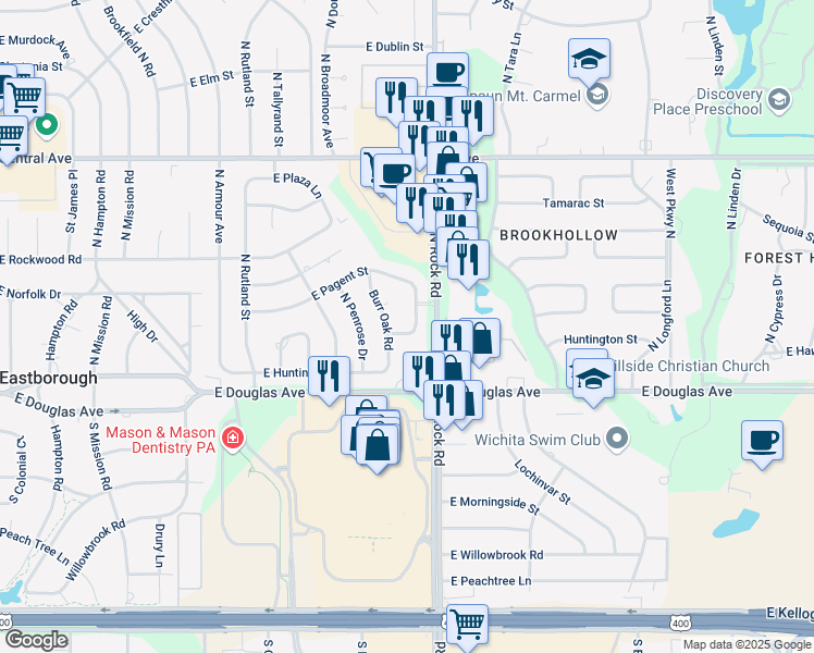 map of restaurants, bars, coffee shops, grocery stores, and more near 244 N Live Oak Ln in Wichita