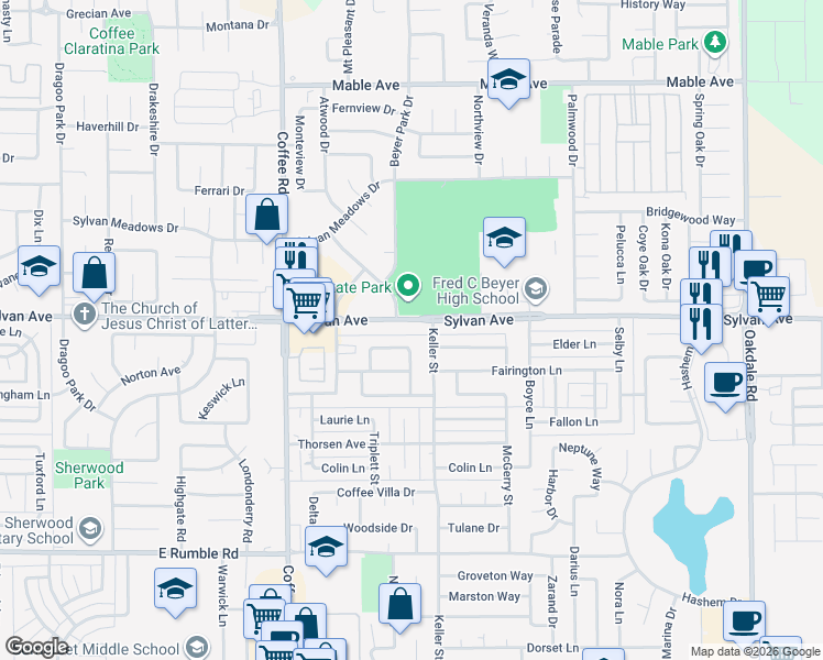 map of restaurants, bars, coffee shops, grocery stores, and more near 1510 Sylvan Avenue in Modesto