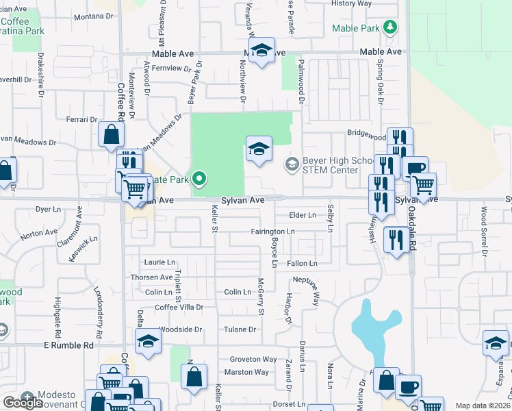 map of restaurants, bars, coffee shops, grocery stores, and more near 1710 Sylvan Avenue in Modesto