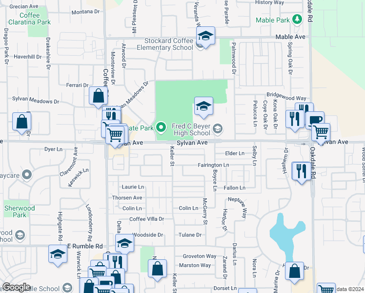 map of restaurants, bars, coffee shops, grocery stores, and more near 1620 Sylvan Avenue in Modesto
