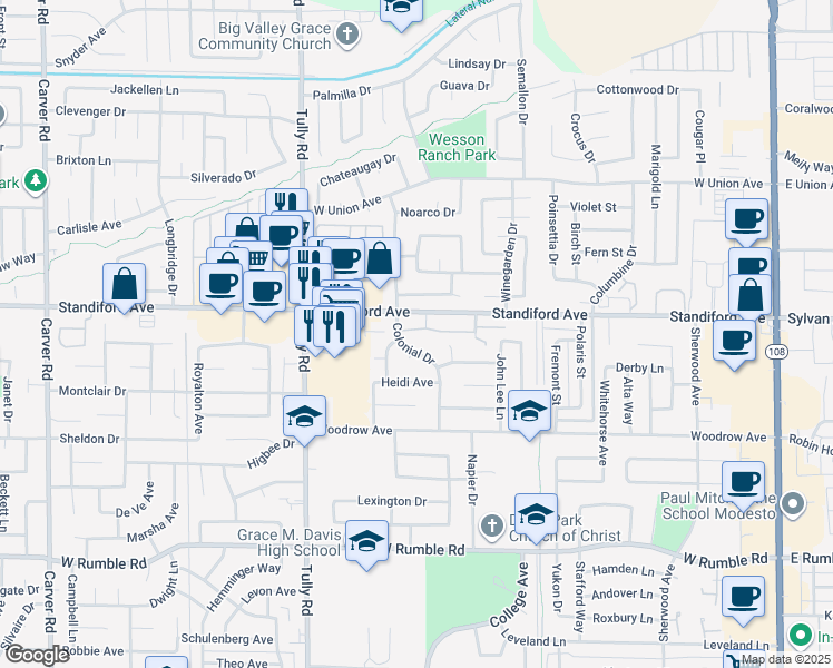 map of restaurants, bars, coffee shops, grocery stores, and more near 3409 Agua Court in Modesto