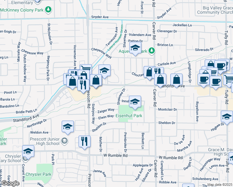 map of restaurants, bars, coffee shops, grocery stores, and more near 3401 Shawnee Drive in Modesto