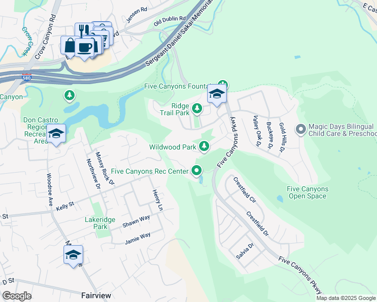 map of restaurants, bars, coffee shops, grocery stores, and more near 22670 Canyon Terrace Drive in Castro Valley