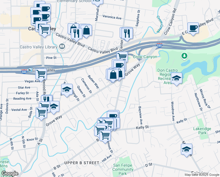 map of restaurants, bars, coffee shops, grocery stores, and more near 2861 Grove Way in Castro Valley