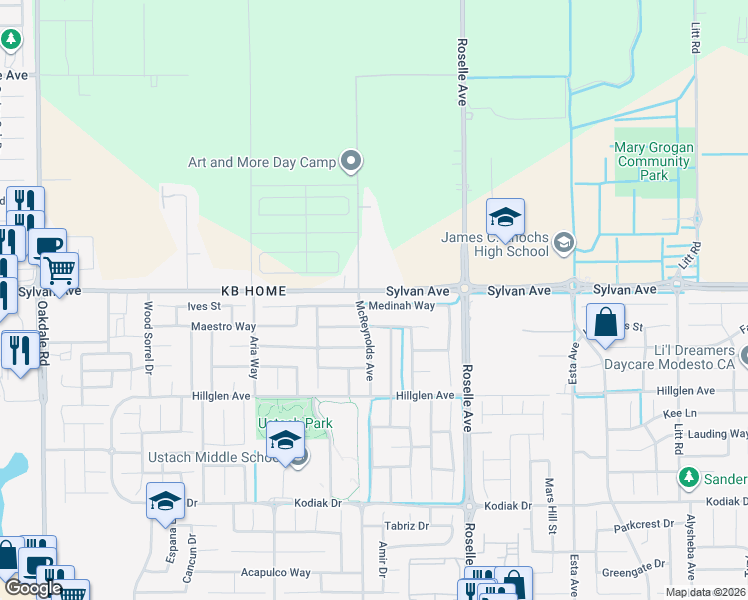 map of restaurants, bars, coffee shops, grocery stores, and more near 2809 Medinah Way in Modesto