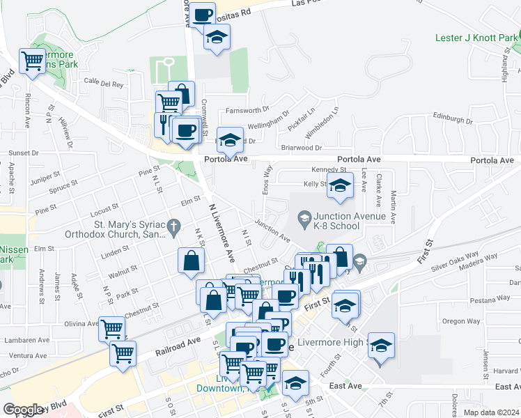 map of restaurants, bars, coffee shops, grocery stores, and more near 552 Enos Way in Livermore