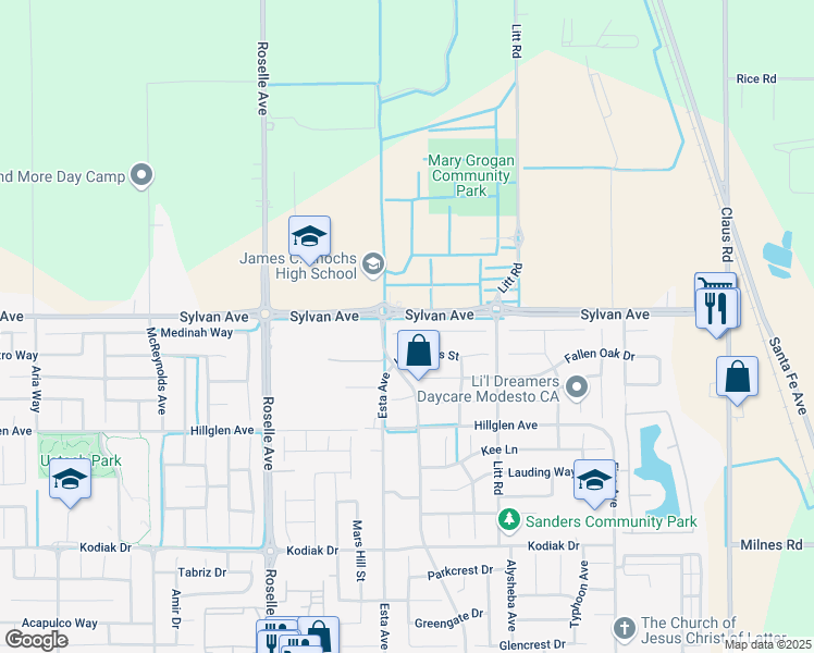 map of restaurants, bars, coffee shops, grocery stores, and more near 3213 Tehama Court in Modesto