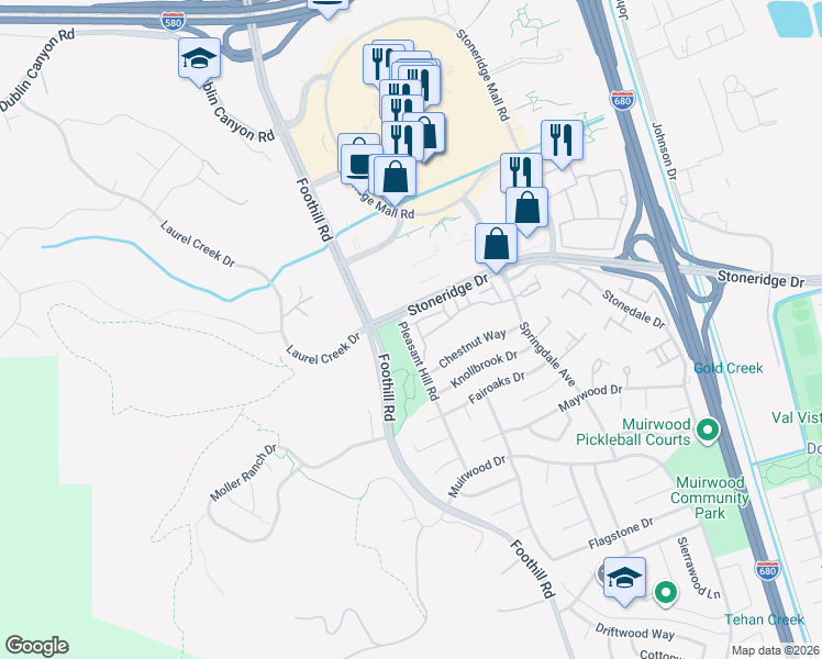 map of restaurants, bars, coffee shops, grocery stores, and more near 5601 Baldwin Way in Pleasanton