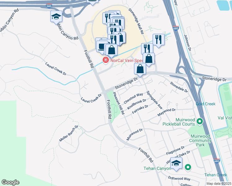 map of restaurants, bars, coffee shops, grocery stores, and more near 5601 Baldwin Way in Pleasanton