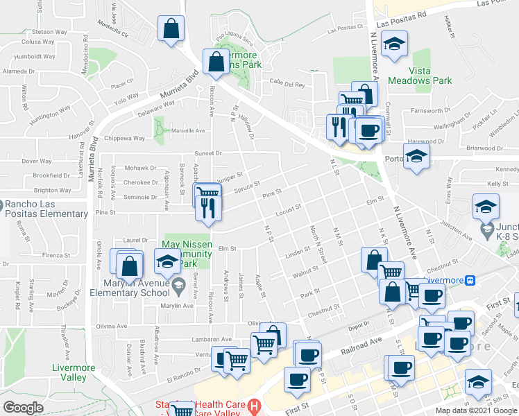map of restaurants, bars, coffee shops, grocery stores, and more near 865 North P Street in Livermore