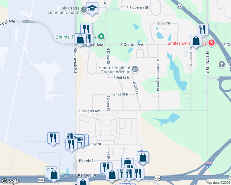 map of restaurants, bars, coffee shops, grocery stores, and more near 11600 E 1st Street North in Wichita