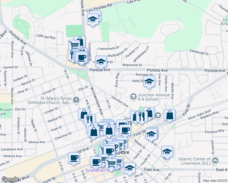 map of restaurants, bars, coffee shops, grocery stores, and more near 628 Morgan Common in Livermore