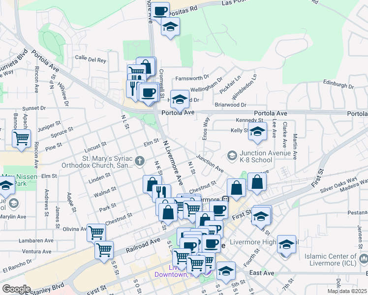 map of restaurants, bars, coffee shops, grocery stores, and more near 720 North I Street in Livermore