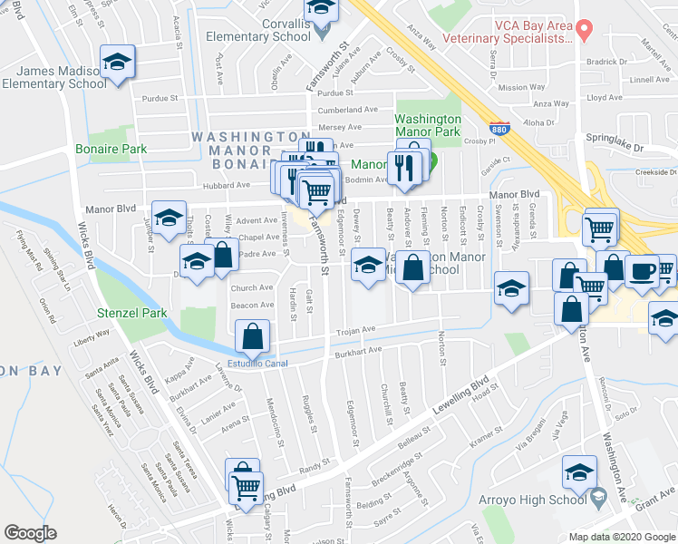 map of restaurants, bars, coffee shops, grocery stores, and more near 15203 Edgemoor Street in San Leandro