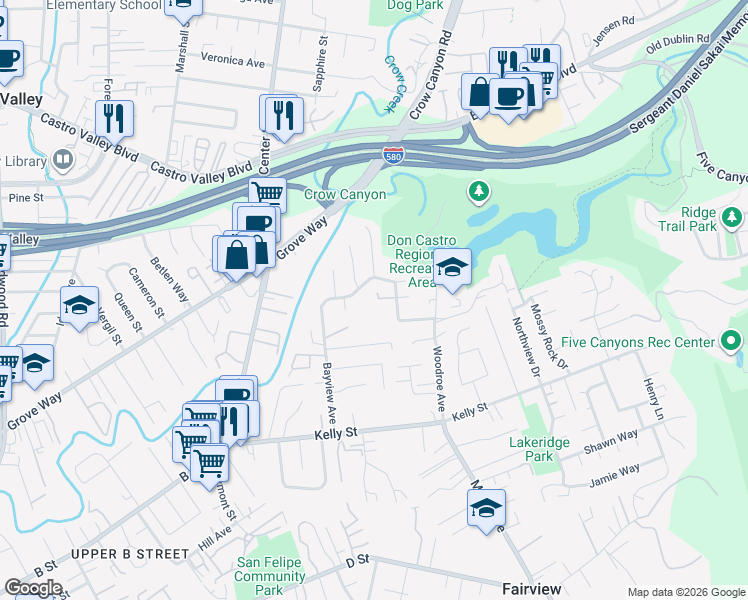 map of restaurants, bars, coffee shops, grocery stores, and more near 2895 Ralston Way in Hayward