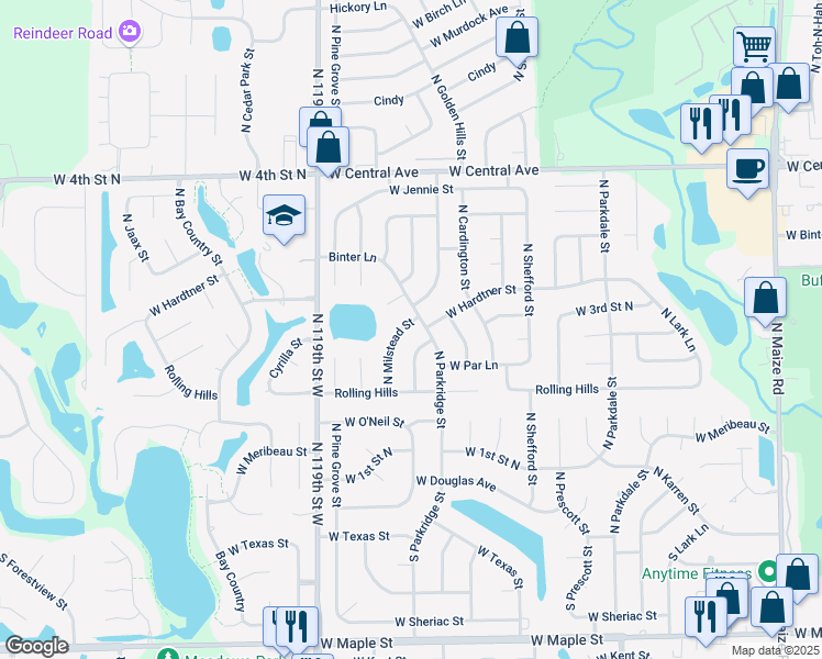 map of restaurants, bars, coffee shops, grocery stores, and more near 358 North Milstead Street in Wichita