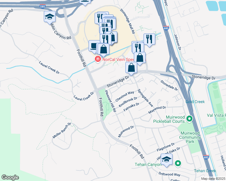 map of restaurants, bars, coffee shops, grocery stores, and more near 7829 Creekside Drive in Pleasanton