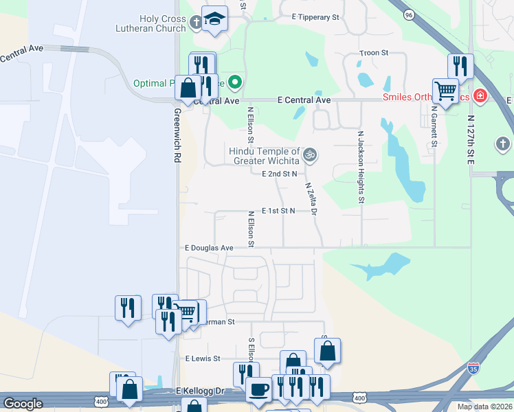 map of restaurants, bars, coffee shops, grocery stores, and more near 11600 East 1st Street North in Wichita