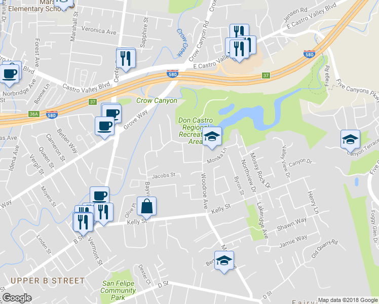 map of restaurants, bars, coffee shops, grocery stores, and more near 2942 Ralston Way in Hayward