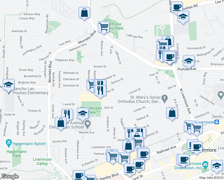 map of restaurants, bars, coffee shops, grocery stores, and more near 1319 Pine Street in Livermore