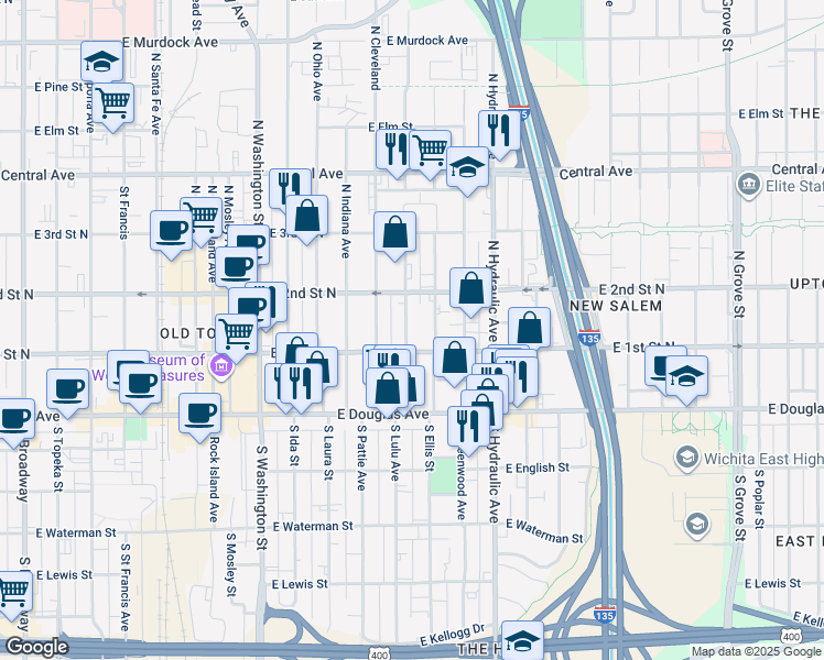 map of restaurants, bars, coffee shops, grocery stores, and more near 231 New York Street in Wichita