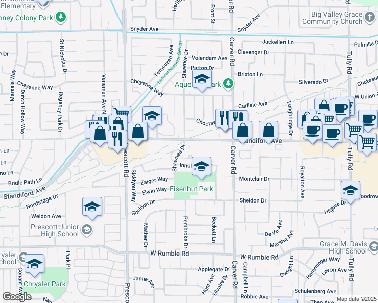 map of restaurants, bars, coffee shops, grocery stores, and more near 3420 Shawnee Drive in Modesto