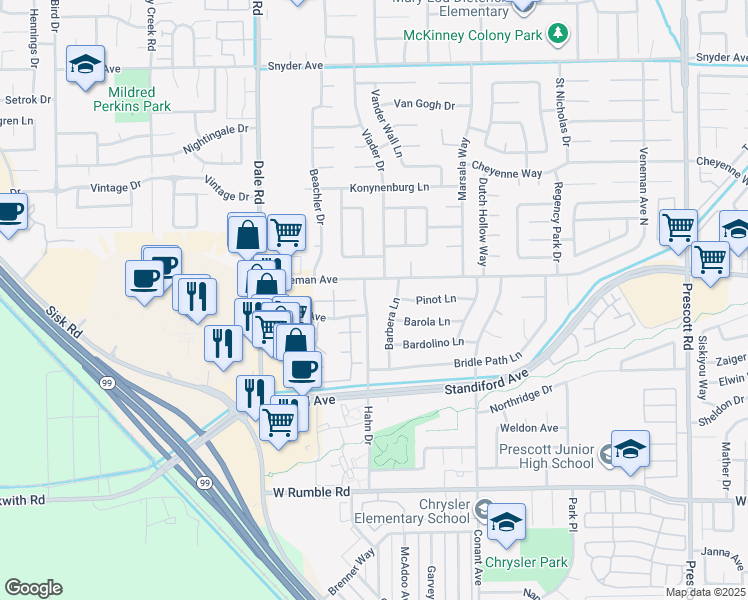 map of restaurants, bars, coffee shops, grocery stores, and more near 3416 Hahn Drive in Modesto