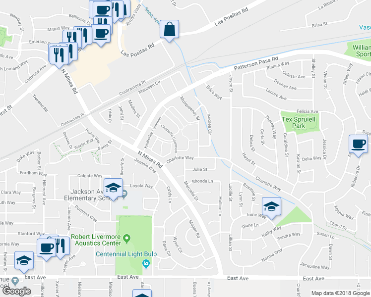 map of restaurants, bars, coffee shops, grocery stores, and more near 4825 Mulqueeney Common in Livermore