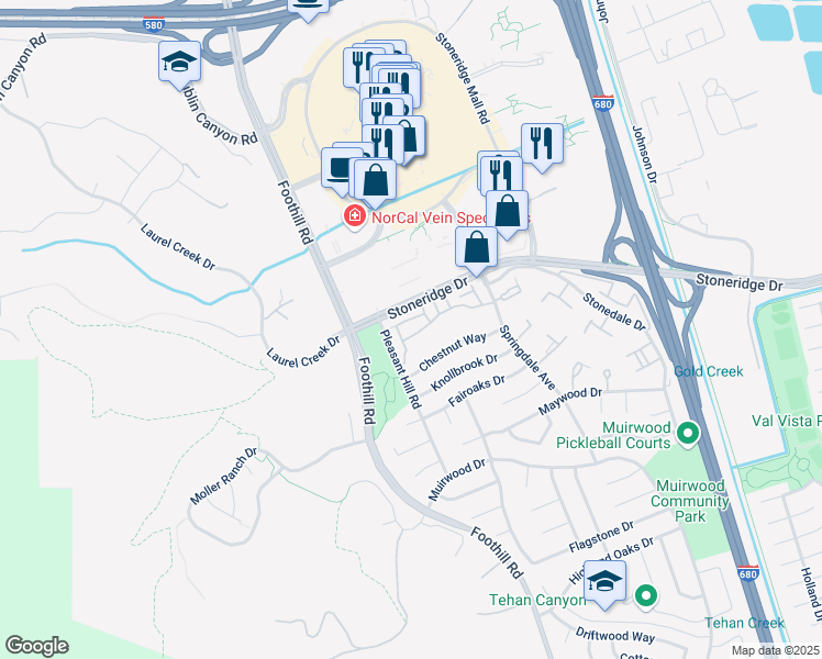 map of restaurants, bars, coffee shops, grocery stores, and more near 7829 Creekside Drive in Pleasanton