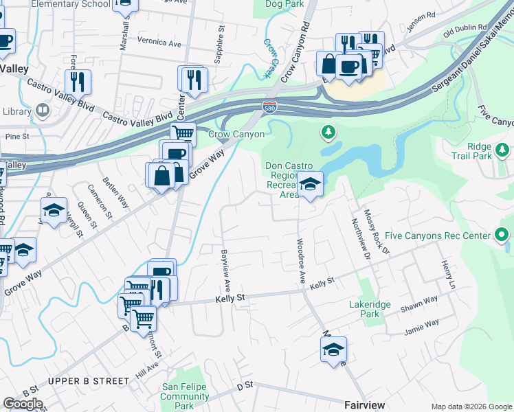 map of restaurants, bars, coffee shops, grocery stores, and more near 2895 Ralston Way in Hayward