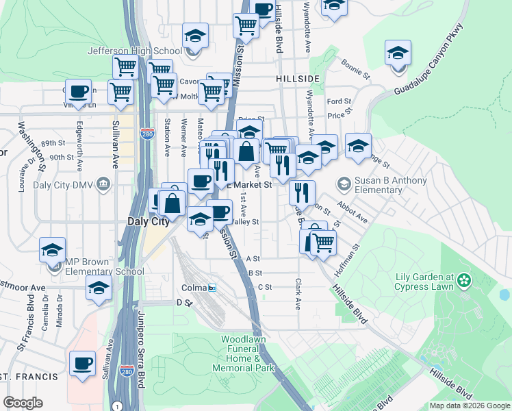 map of restaurants, bars, coffee shops, grocery stores, and more near 241 2nd Avenue in Daly City