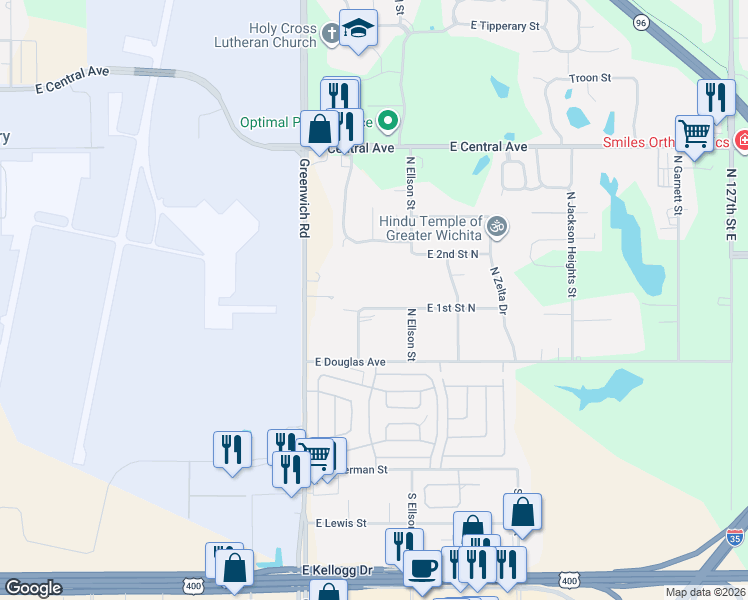 map of restaurants, bars, coffee shops, grocery stores, and more near 11426-11438 East 1st Street North in Wichita