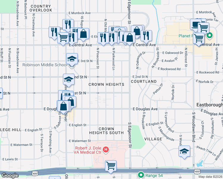 map of restaurants, bars, coffee shops, grocery stores, and more near 220 North Parkwood Lane in Wichita