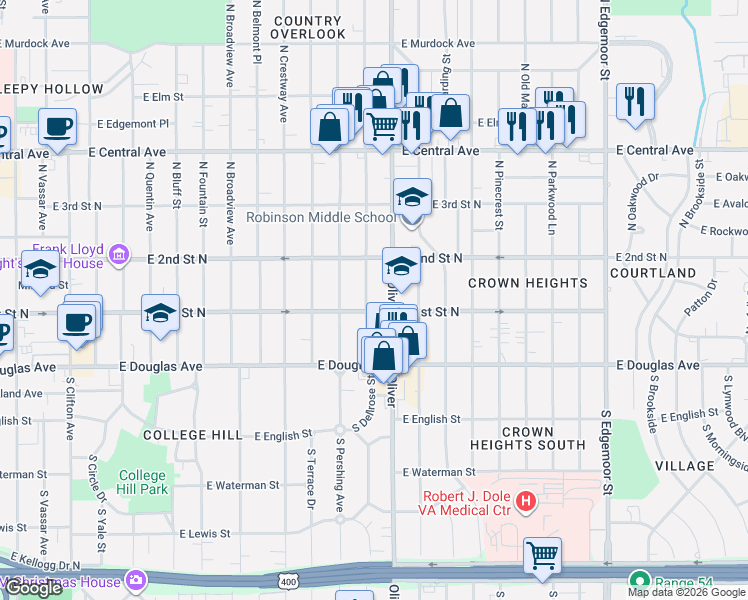 map of restaurants, bars, coffee shops, grocery stores, and more near in Wichita
