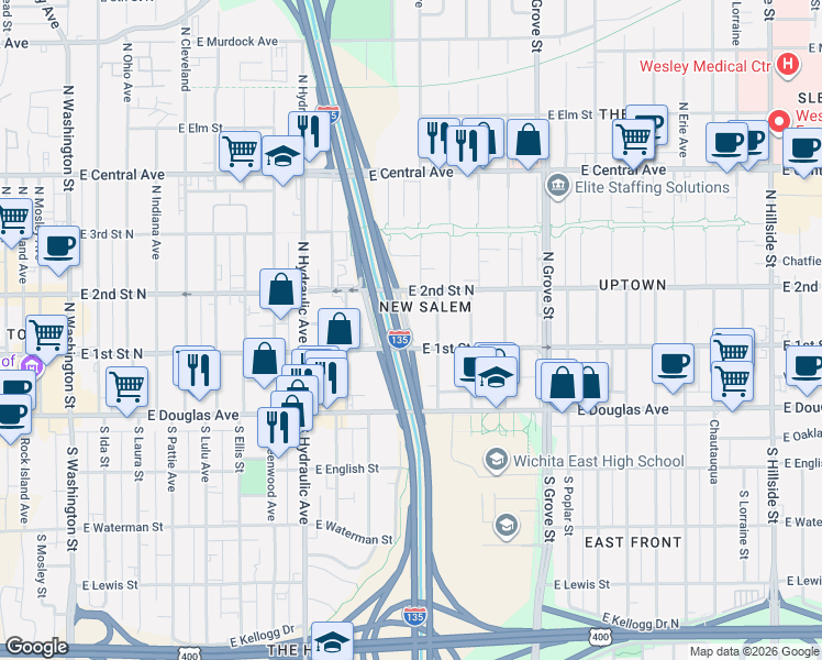 map of restaurants, bars, coffee shops, grocery stores, and more near 225 North Ash Street in Wichita