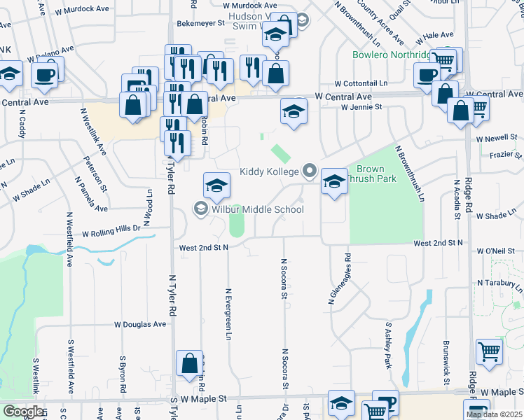 map of restaurants, bars, coffee shops, grocery stores, and more near 332 North Country Acres Avenue in Wichita