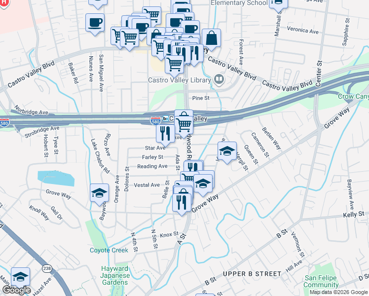map of restaurants, bars, coffee shops, grocery stores, and more near 21835 Redwood Road in Castro Valley