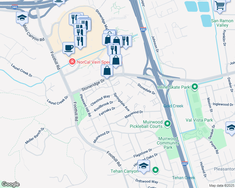 map of restaurants, bars, coffee shops, grocery stores, and more near 5375 Springdale Avenue in Pleasanton