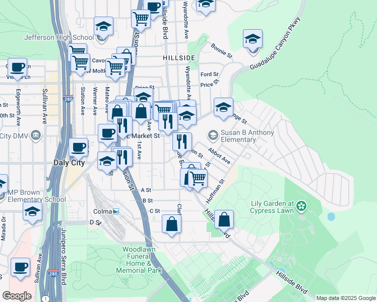 map of restaurants, bars, coffee shops, grocery stores, and more near 542 Lisbon Street in Daly City
