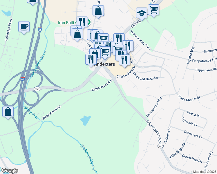 map of restaurants, bars, coffee shops, grocery stores, and more near 10449 Atlee Station Road in Mechanicsville