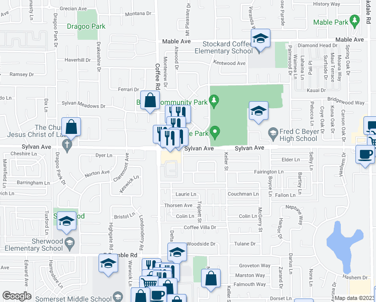 map of restaurants, bars, coffee shops, grocery stores, and more near 1406 Sylvan Avenue in Modesto