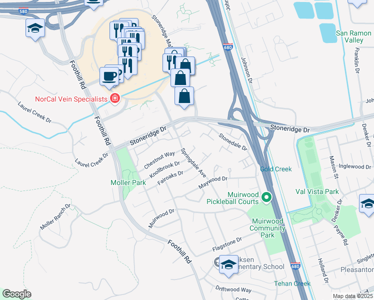 map of restaurants, bars, coffee shops, grocery stores, and more near 5375 Springdale Avenue in Pleasanton