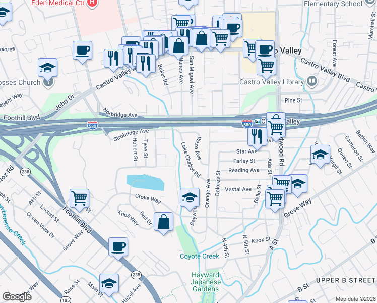 map of restaurants, bars, coffee shops, grocery stores, and more near 21428 Lake Chabot Road in Castro Valley