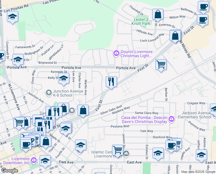 map of restaurants, bars, coffee shops, grocery stores, and more near 3562 First Street in Livermore
